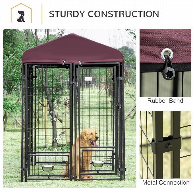 PawHut 8' x 4' x 6' Outdoor Dog Kennel with Rotating Bowl Holders, Walk-in Pet Playpen, Welded Wire Steel with Water and UV-Resistant Canopy, Red | Welded Wire Dog Kennel Outside Run, Waterproof & UV Resistant Cover, for S&M&L Breeds, Chickens & Ducks