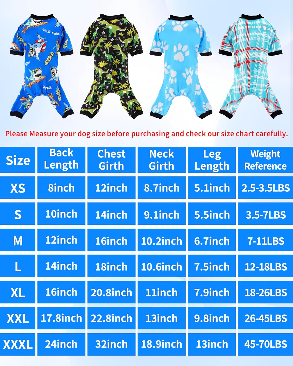 PET SHOW 4 Pack Dog Pajamas Dinosaur Shark for Medium Large Dogs Boy Soft Stretchy PJs Plaid Jumpsuit Dog Paw Onesies Outfits with Sleeve Pets Breathable Summer Clothes Costume XXL