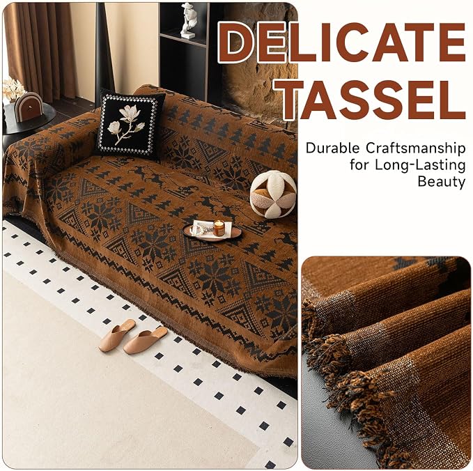 VClife Boho Couch Cover for Christmas 1 Piece Soft Warm Couch Cover for Sectional Sofa, Washable Pumpkin and Black Jacquard Loveseat Sofa Covers for Home Office RV 71"x118"