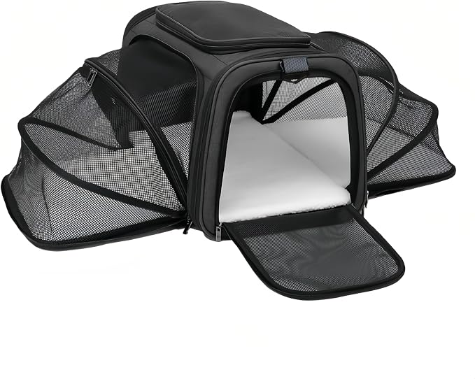 Expandable Cat Carrier Pet Carrier with 2 Extensions,Airline Approved Soft-Sided Portable Dog Travel Washable Carrier for Kittens,Puppies,Removable Soft Plush Mat (Black, Medium)
