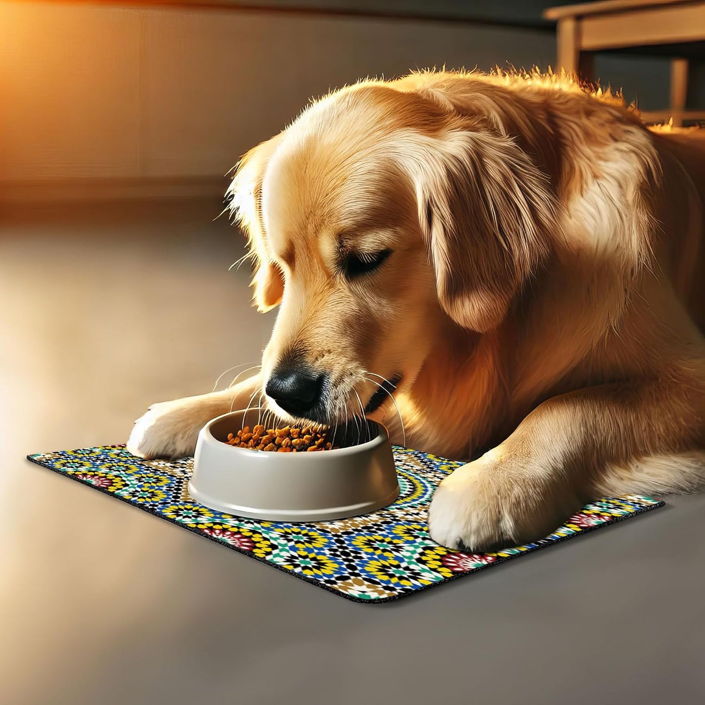 Lunarable Moroccan Pet Mat for Food and Water, Architectural Glaze Wall Tile Ceramic Historical Traveling Destinations, Non-Slip Rubber Mat for Dogs and Cats, 18" X 12", Khaki Blue