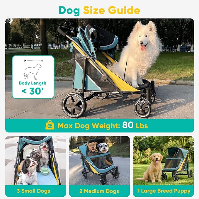 Petbobi Dog Stroller for Large & Medium Dogs - Easy Fold Dual Entry Pet Stroller with One-Foot Brake, All Terrain Wagon Cart with Air Mesh, Ideal for Large Senior Pets up to 80 lbs, Green