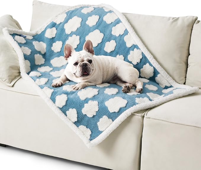 LE SURE Waterproof Dog Blankets for Medium Dogs Cute 3D Jacquard,30x40 | Puppy Blanket for Cat Aesthetic Gift, Warm Soft Sherpa Throw Washable, Reversible Pet Couch Protector, Cozy Clouds Blue