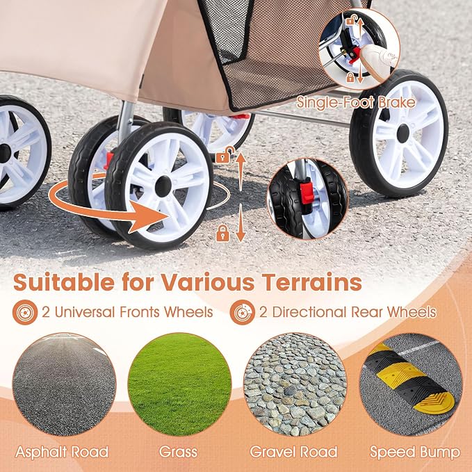 PETSITE 4 Wheels Pet Stroller, Foldable Dog Strollers for Small Dogs with Breathable Mesh, Waterproof Cover, Storage Basket, and Cup Holders, Ideal for Dogs Cats up to 33 lbs (Beige)