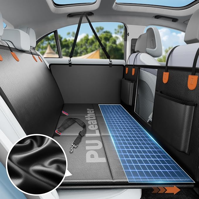 Dog Car Seat Cover for Back Seat, PU Back Seat Extender For Cars SUV | Black,Hold 400lbs,PU Leather,Waterproof,Anti-Scratch,Non-Slip,600D Oxford,Mesh Window,Storage Pocket,For Cars/SUV/ Sedans/MPV