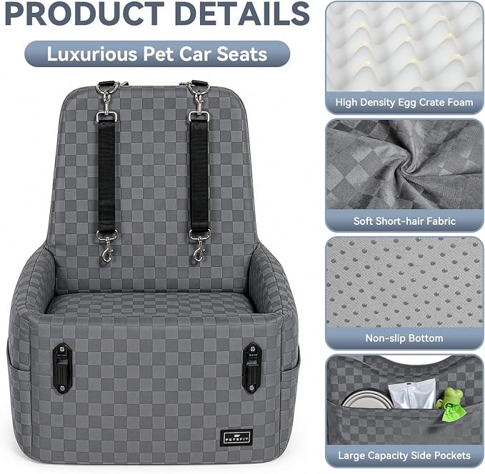 PETSFIT Pet Car Seat with Patented Safety System, 5" Elevated Cushion | Fully Detachable Washable Cover, Memory Foam Dog Booster Car Seat for Small/Medium Dogs Up to 35 Lbs with Safety Belt