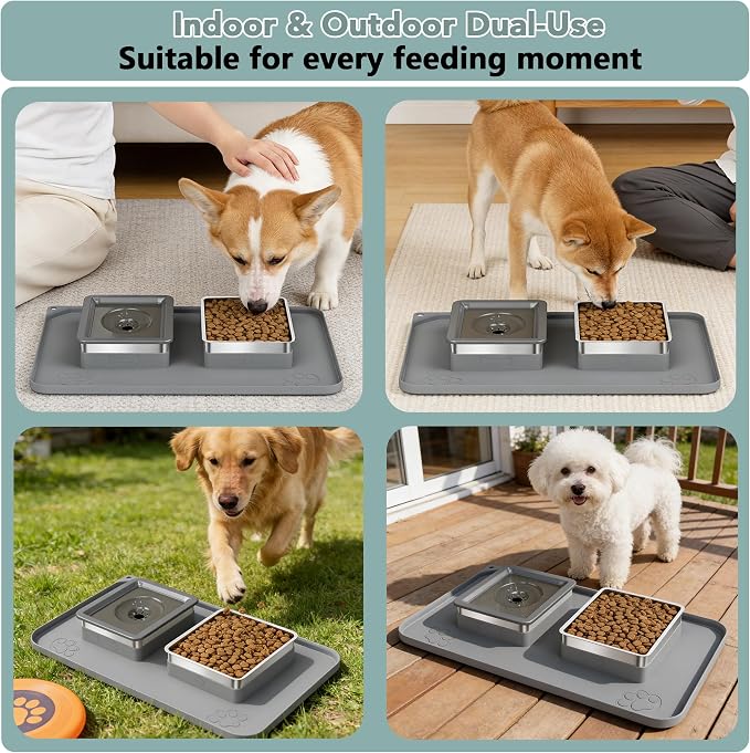 Dog Bowl Set, No Spill Dog Water and Food Bowl with Silicone Mat | Large Capacity 304 Stainless Steel Bowls, 2-In-1 Set, Slow Drinking, Anti-Slip Silicone Feeding Mat, Home/Travel, 6-7 Cups