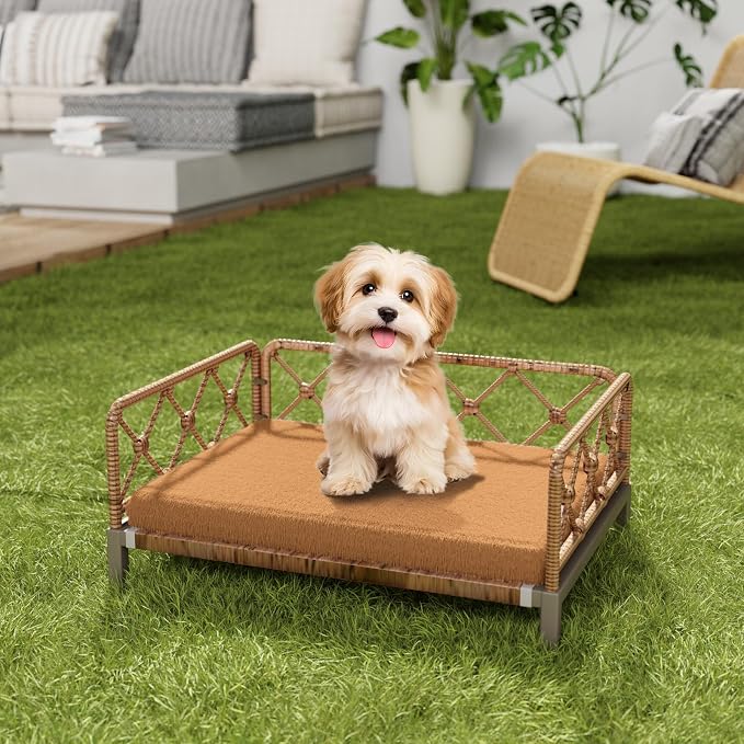 Indoor & Outdoor Dog Bed, Elevated All-Weather Wicker Pet Sofa with Washable Waterproof Cushion, Durable Rattan Dog Couch for Small Dogs, Brown