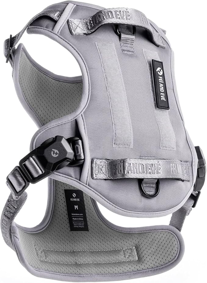 Fei & Eve Classic Dog Harness, MagEase Magnetic Buckle | 3-Point No-Pull Control, Dual Handle Support, 900D Nylon, Tactical Patch Panel, Heavy Duty, Large, Gray