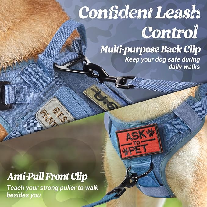rabbitgoo Tactical Dog Harness for Medium, Heavy Duty Military No Pull Vest | Sturdy Metal Buckles, 5 Adjustments, Molle System, Powerful Pullers for Training, Hunting, Outdoor, Blue, Medium