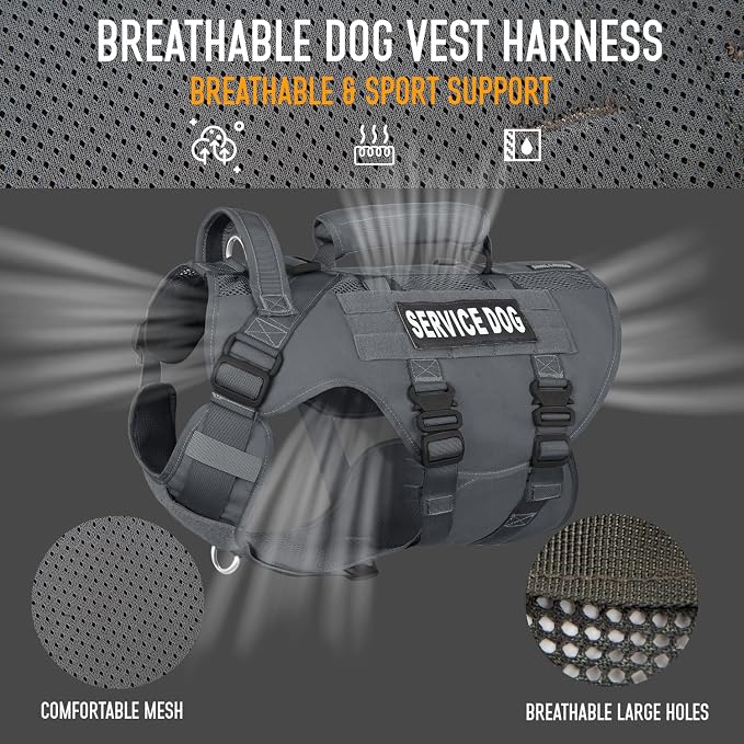 Service Dog Vest for Large Dogs, Grey Tactical Harness with Military MOLLE, Breathable Mesh & 39g Metal Buckle - Size M for Training & Hiking