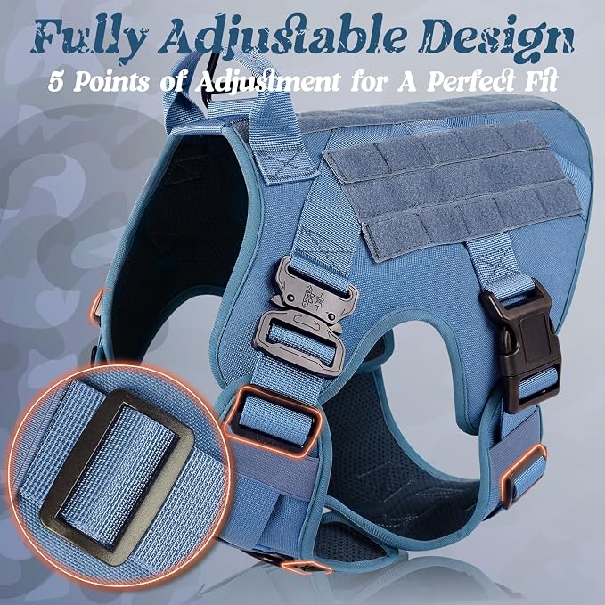 rabbitgoo Tactical Dog Harness X-Large, Heavy Duty Military No Pull Vest | Sturdy Metal Buckles, 5 Adjustments, Molle System, Powerful Pullers for Training, Hunting, Outdoor, Blue, X-Large