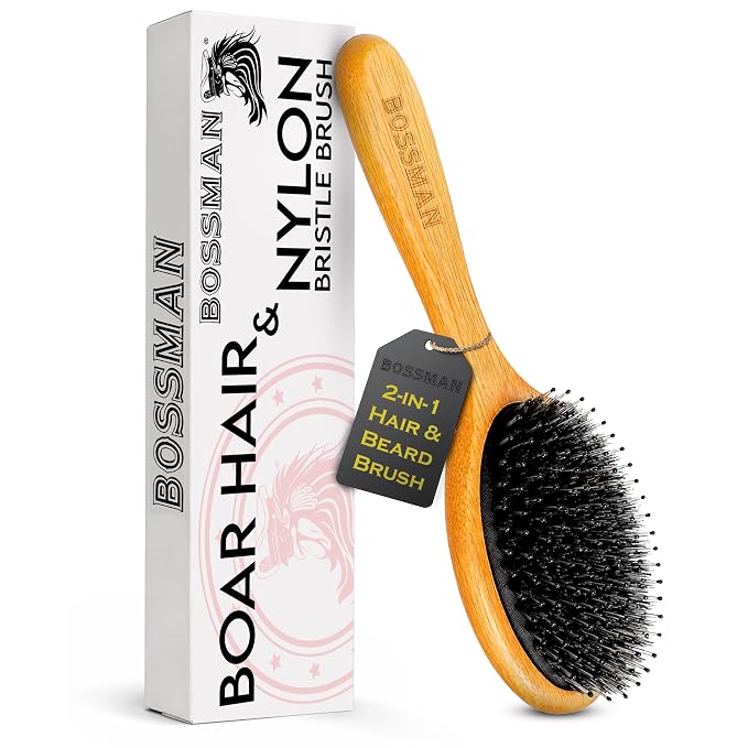 Bossman Men's Boar and Nylon Bristle Hair and Beard Brush - Detangling & Straightening Wooden Oval Wet Brush - Ergonomic Bamboo Design