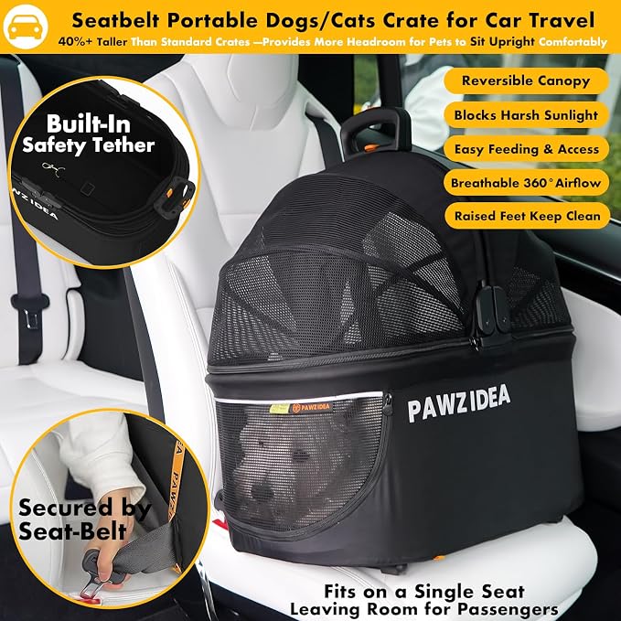 PAWZIDEA 4-in-1 Pet Stroller for Small Medium Dogs & Cats, Foldable Dog Stroller with Detachable Carrier, Escape-Proof No-Zip Canopy, Lightweight Portable Travel Crate & Car Seat Combo, Storage Basket