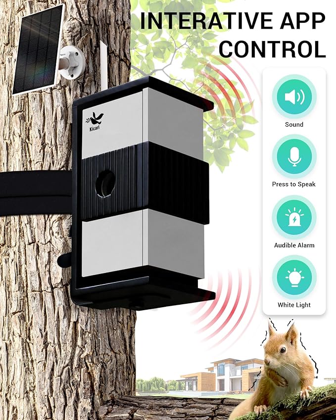 Kicari Bird House with Camera 2K HD, Solar & Battery Powered, Dual Night Vision, PIR Motion Sensor, Two-Way Audio, WiFi App Control, Weatherproof Wooden Smart Bluebird Nest Box for Outdoor Use, Gray