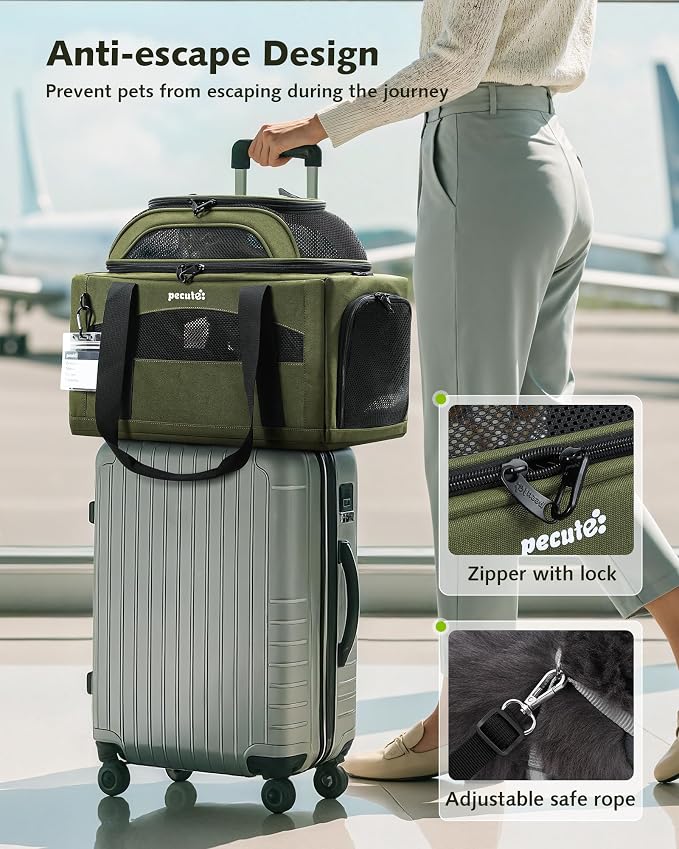 Pecute Expandable Pet Carrier Airline Approved Dog Cat Carrier, Breathable Soft-Sided with Locking Zippers, Pet Travel Bag for Small Dog Cat Anti-Scratch Mesh Leakproof Pee Pad (Dark Green)
