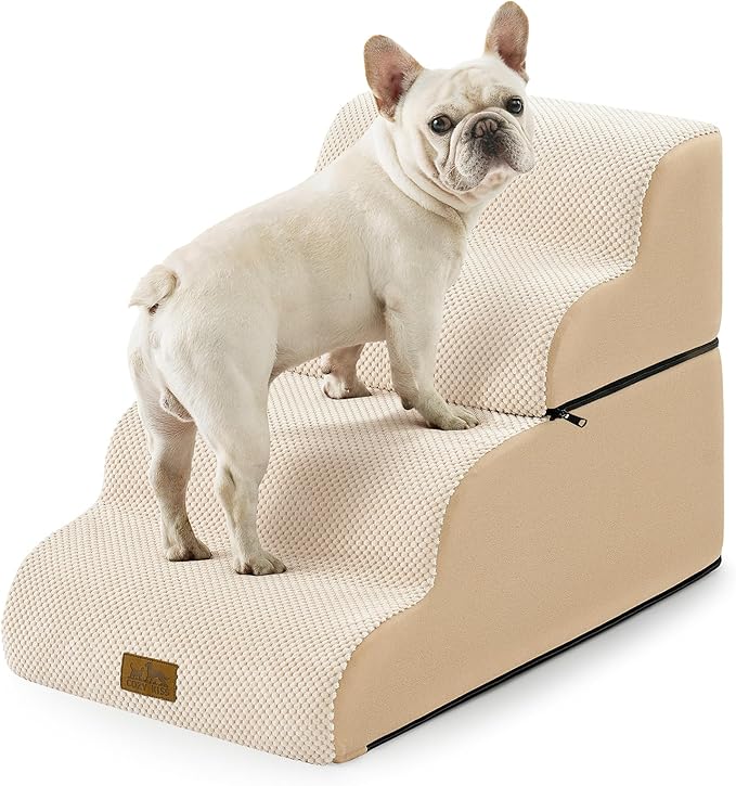 Detachable Dog Stairs for Small Dog, 4 Step Curved Dogs Step for Puppy or Older Cat, Ramp for Bed, Sofa, Couch or Chair, Ladder with High Density Foam, 15.7x28.3x19.7 inch, Beige