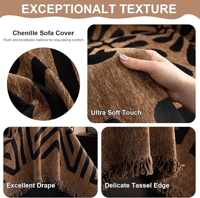VClife Couch Cover Bohemian Morroccan Sofa Cover Washable Sofa Slipcover for 3 Cushion Couch Sofa Non Slip Soft Chenille Furniture Protector Modern Brown Black Slip Cover for Couch 71''x134''