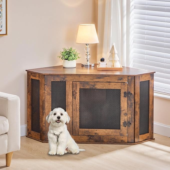 MAHANCRIS Corner Dog Crate Furniture, Wooden Dog Kennel End Table, Decorative Pet Crate Indoor Use, Furniture Style Dog House for Small Medium Dog, Dog Cage TV Stand, Rustic Brown DCRB0801