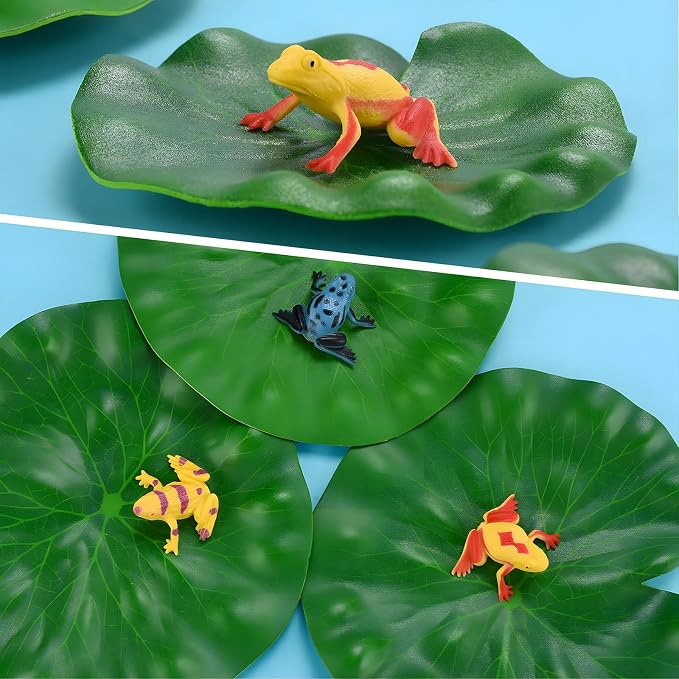 32 Packs Mini Plastic Frog Decor and Artificial Lily Pads, | 12 Colorful Plastic Frogs & 20 Floating Lily Pads, Artificial Pond Plants for Garden Pool Decor Party Favor Classroom
