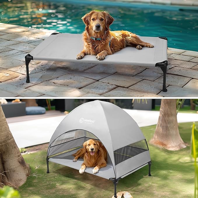 Veehoo Outdoor Dog Bed with Canopy, Cooling Elevated Dog Shade for Outside | Portable Raised Dog Cot with Removable Shade, Sun Protection Dog Tent Outdoor for Camping, Beach, 42" x 33.5", Grey