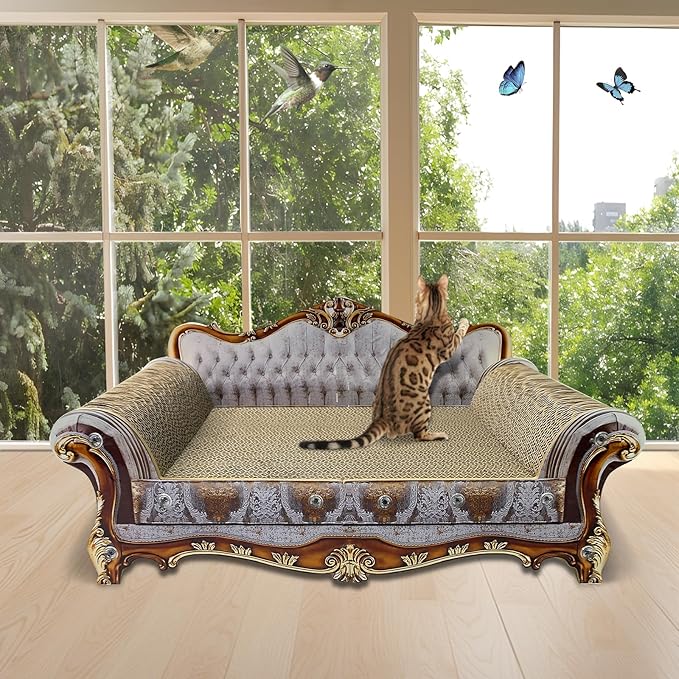 Luxury Cardboard Cat Scratcher Sofa Bed, Couch Shaped Cat Scratching Board, Scratch Lounge with Catnip, Scratcher for Indoor Cats Kittens Kitties Grey