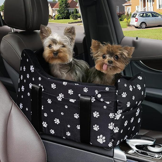 Center Console Dog Car Seat for Medium Dogs, Black | Anti-Collapse Armrest Booster, Soft Cushion, Safety Belt