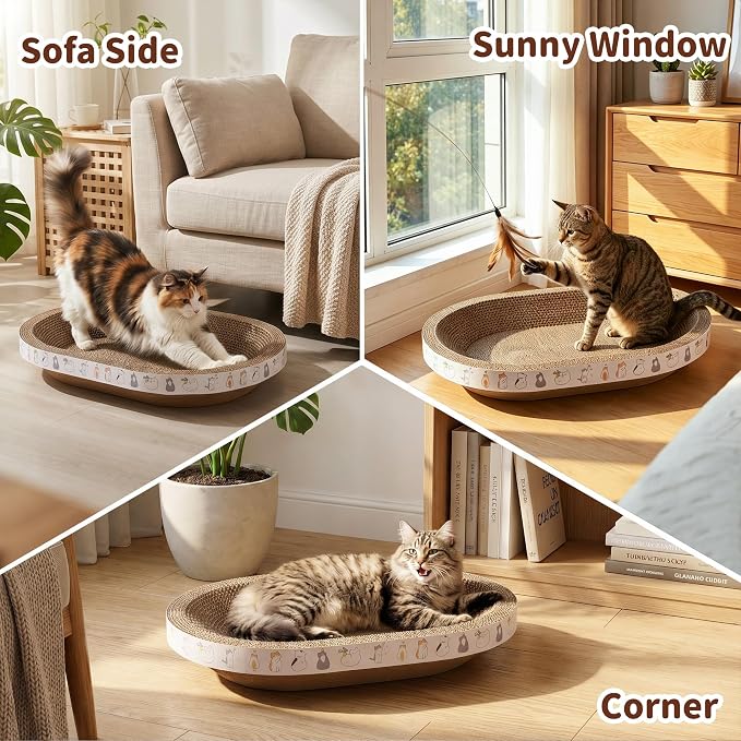 PatiencET Oval Cat Scratcher Bed for Indoor Cats with Catnip | Corrugated Cardboard Pad, Cat Scratching Board for Scratching, Stretching, Playing and Lounging, 17 x 12 Inch