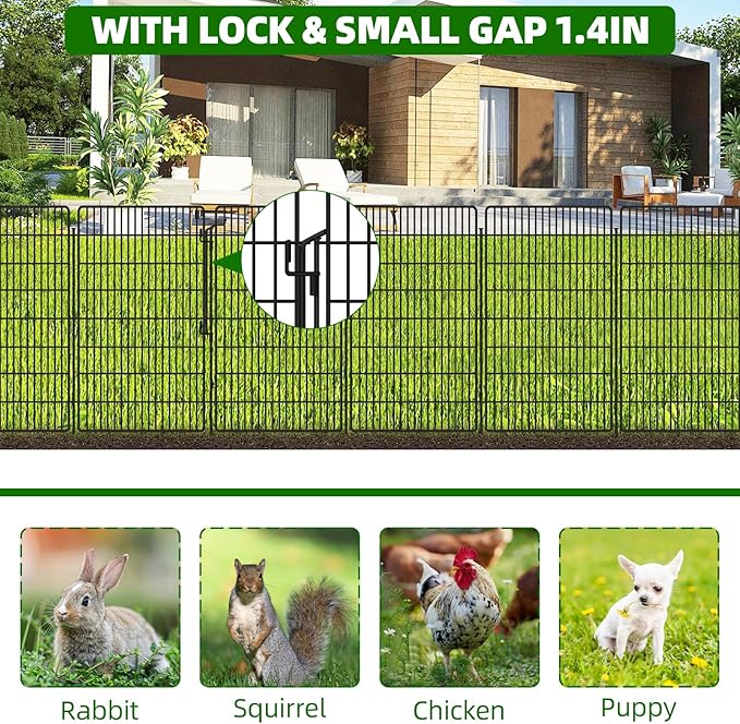 5 Panels Garden Fencing Animal Barrier with Lock, 48 in(H) X 12 Ft(L) Dog Fence Outdoor for Yard Rustproof No Dig Decorative Tall Garden Fence Metal Wire Panel Border Rabbit Ground Stakes Fencing