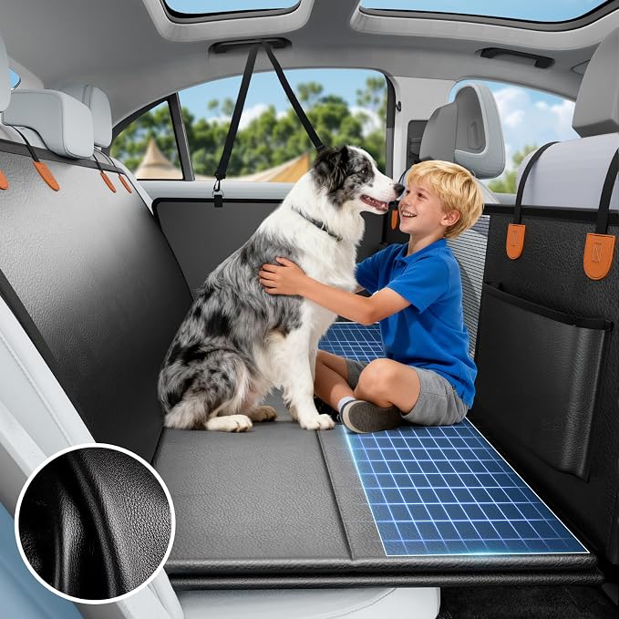 Dog Car Seat Cover for Back Seat, PU Back Seat Extender For Cars SUV | Black,Hold 400lbs,PU Leather,Waterproof,Anti-Scratch,Non-Slip,600D Oxford,Mesh Window,Storage Pocket,For Cars/SUV/ Sedans/MPV