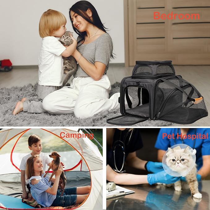 JUNGYOON Cat Carrier, Expandable Airline-Approved Soft-Sided Pet Travel Bag for Cats, Small Dogs & Small Pets, Breathable Mesh Design with Multi-Pockets & Fleece Pad (Dark Grey)