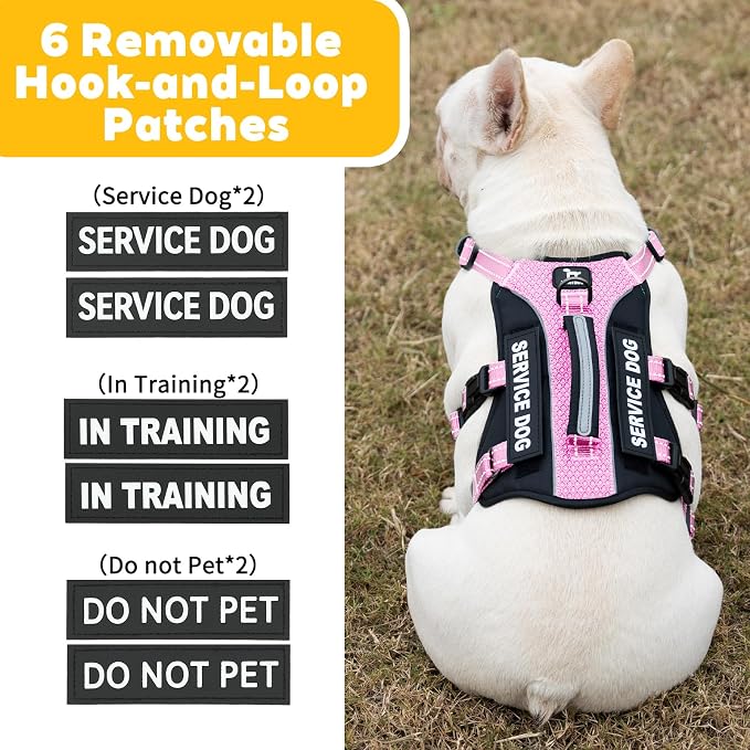 Service Dog Vest Harness, Escape Proof Harness with 6 Patches, No-Pull, Reflective Harness with Handle, Adjustable for Small to Large Dogs, for Training and Hiking (Pink, S)