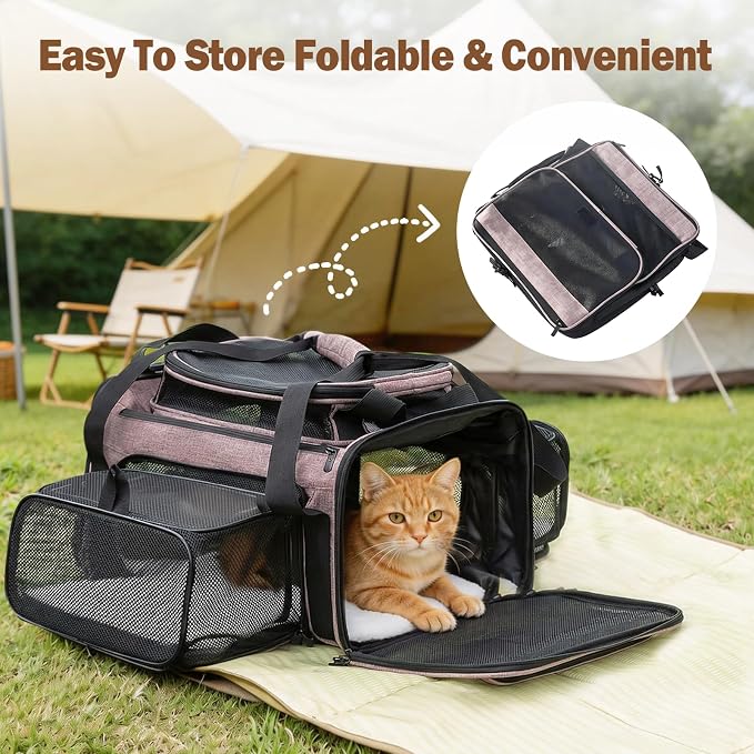 Cat Carrier Soft Sided, Expandable Pet Carrier for Medium Small Pets, Collapsible Travel Carrier with Hard Shell, 360° Panoramic Mesh, Washable Waterproof Pad | – 17.3×13.8×9.4 (Pink)