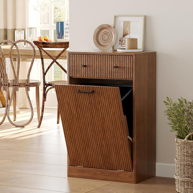 10-Gallon Single Tilt Out Trash Can Cabinet with Drawer,Kitchen Trash Can Cabinet Garbage Recycling Cabinet Wooden Dog-Proof Trash Cabinet for Dining Room and Kitchen,Laundry Room