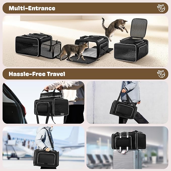 Top and 2 Sides Expandable Cat Carrier 18x13.5x9.5, TSA Airline Approved Dog Carriers for Small Dogs, Soft-Sided Pet Carrier with Self-Locking Zippers for Kitten,Rabbit,Puppy, Black White