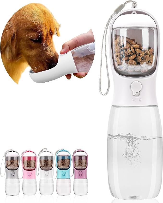 Dog Water Bottle with Food Container, Portable Leak Proof Pet Water Dispenser for Walking Hiking Travel, Puppy Essentials Accessories for Small Large Dogs, Dog Gifts (10oz/15oz/19oz)