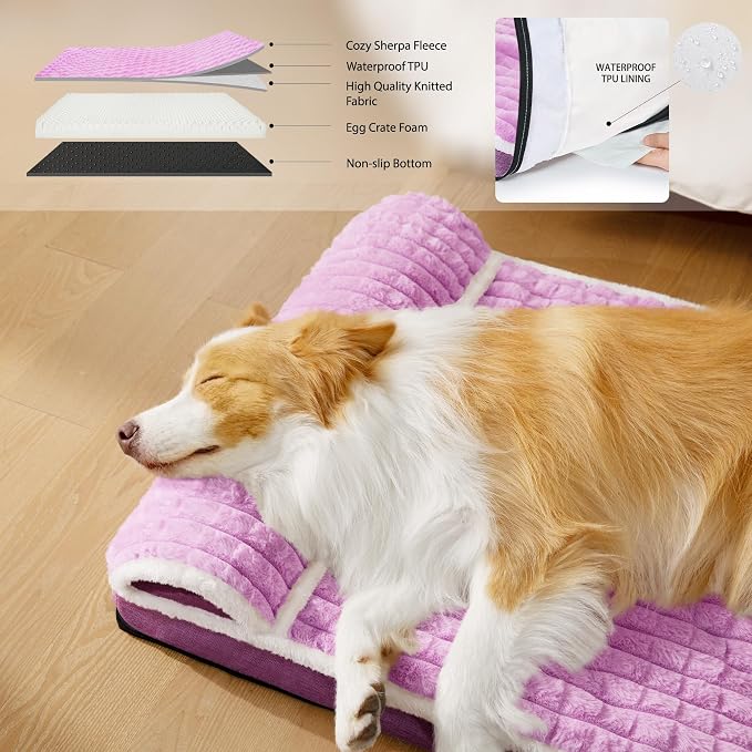 Orthopedic Large Dog Bed Pillow Pet Sofa Bed 48''X30'' Lilac | Egg-Crate Foam Pet Couch Large Sized Dog, Waterproof Removable Washable Cover,Furry Puppy Crate Mat With Nonskid Bottom