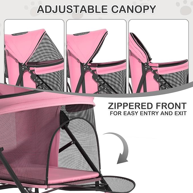 MoNiBloom 4 Wheels Pet Stroller, Easy-Fold Puppy Cage Jogger Stroller with Sun Cover, Pad and Rear Storage Bag, Breathable and Visible Mesh for Small/Medium Pets up to 22 lbs, Pink
