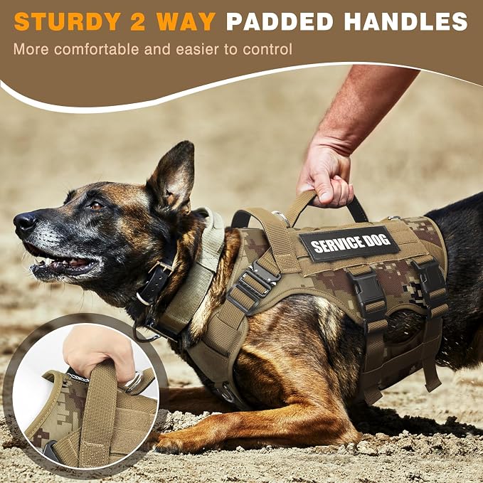 Service Dog Vest Harness for Large Dog, Tactical Working MOLLE Vest with 10 Pet Patches, No Pull Heavy Duty Harness for Training Walking
