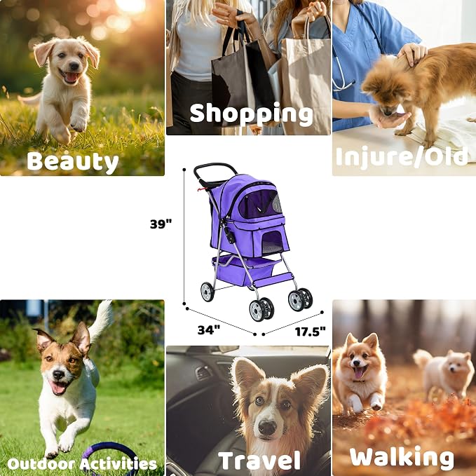 Pet Stroller for Small Medium Dogs & Cats, 4-Wheel Breathable Compact Foldable Dog Carrier with Storage Basket, Outdoor Portable Lightweight Travel Stroller for Camping,Purple