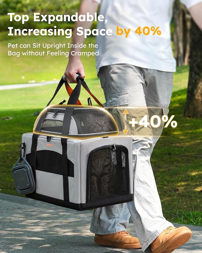 Pecute Top Expandable Cat Carrier Sturdy Pet Bag with 5mm Anti-Collapse Steel Frame, Soft Dog Carrier for Car Travel Vet Visits Outdoor Hammock,Foldable Travel Crate with Leakproof Pee Pad & Bowl,Gray