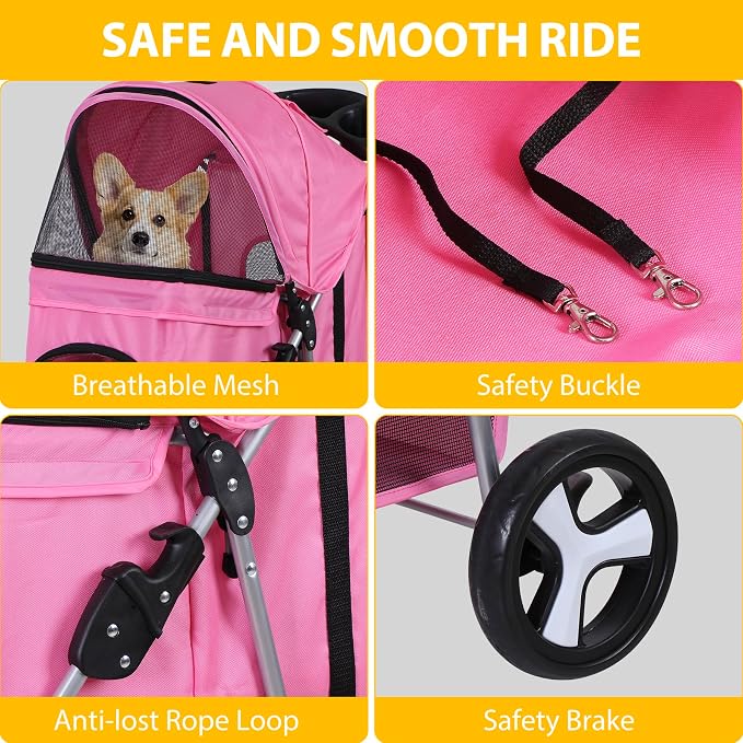 3 Wheels Dog Stroller Folding Pet Strolling Cart for Small Medium Cats Puppies Portable Jogger Travel Camping Puppy Carrier with Storage Basket Cup Holder, Pink