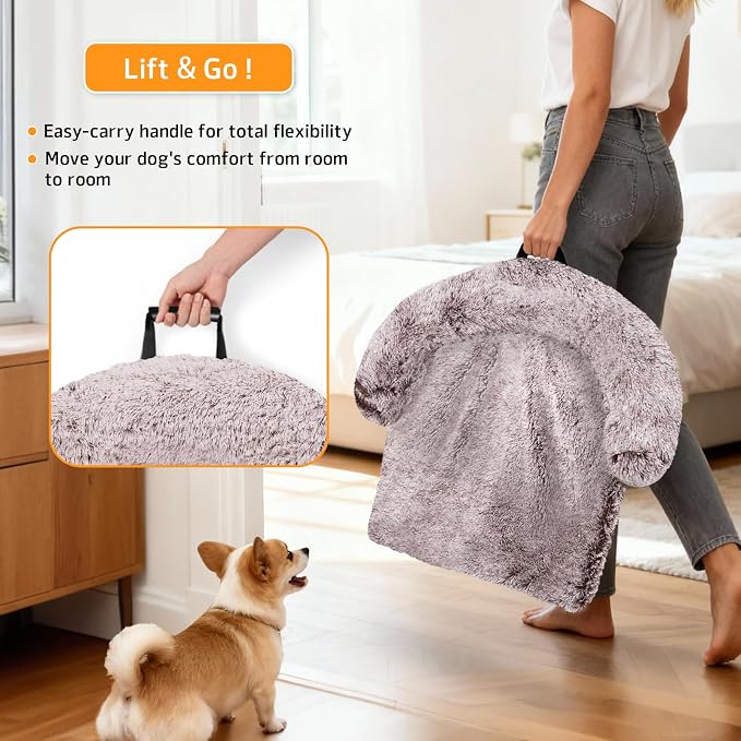 GGIB Calming Dog Bed Fluffy Plush Dog Mat for Furniture Protector with Removable Washable Cover for Large Medium Small Dogs and Cats (Medium, Rust White)