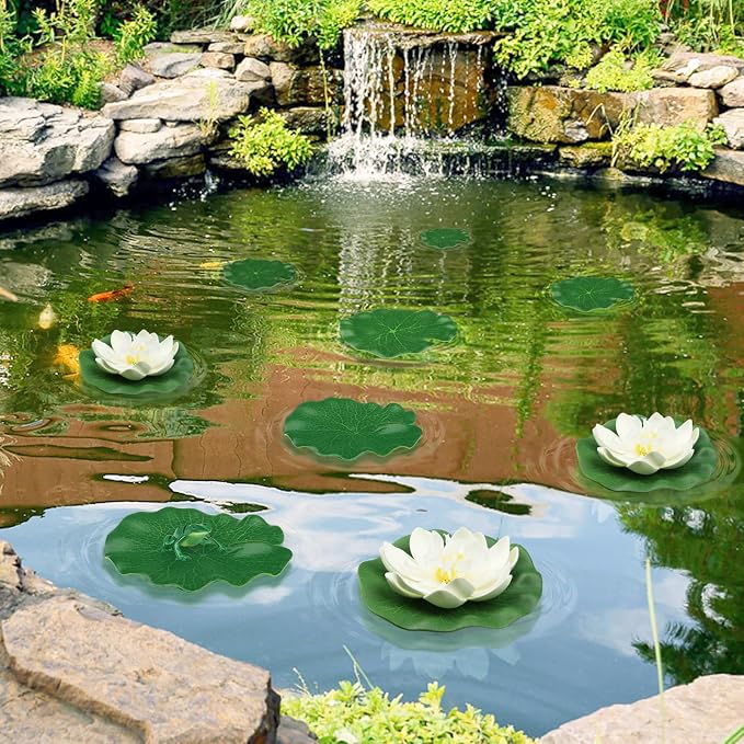 10pcs Artificial Floating Foam Lotus Flowers with Artificial Frog Lotus Leaves, Lily Pads for Lake, Pond Plants Ornaments for Pool Aquarium Water Decoration, White