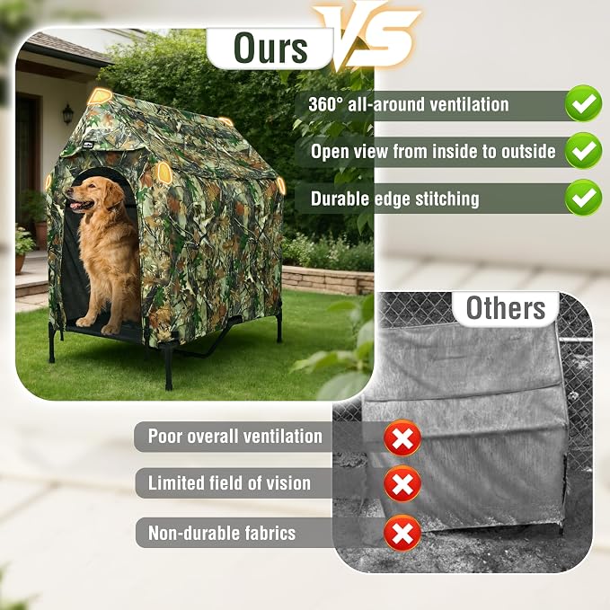 Privacy Outdoor Dog House & Elevated Bed 2-in-1, UPF50+ Sun Rain Protection, Breathable Camping Pet Tent with Cover, Portable for Indoor & Backyard Use（S）