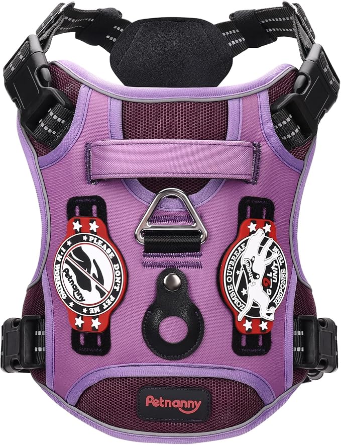 Petnanny Tactical Dog Harness No Pull Service Dog Vest L Purple | Tactical Dog Vest with breathable mesh & hook loop panel, no pull harness for walking training, adjustable fit