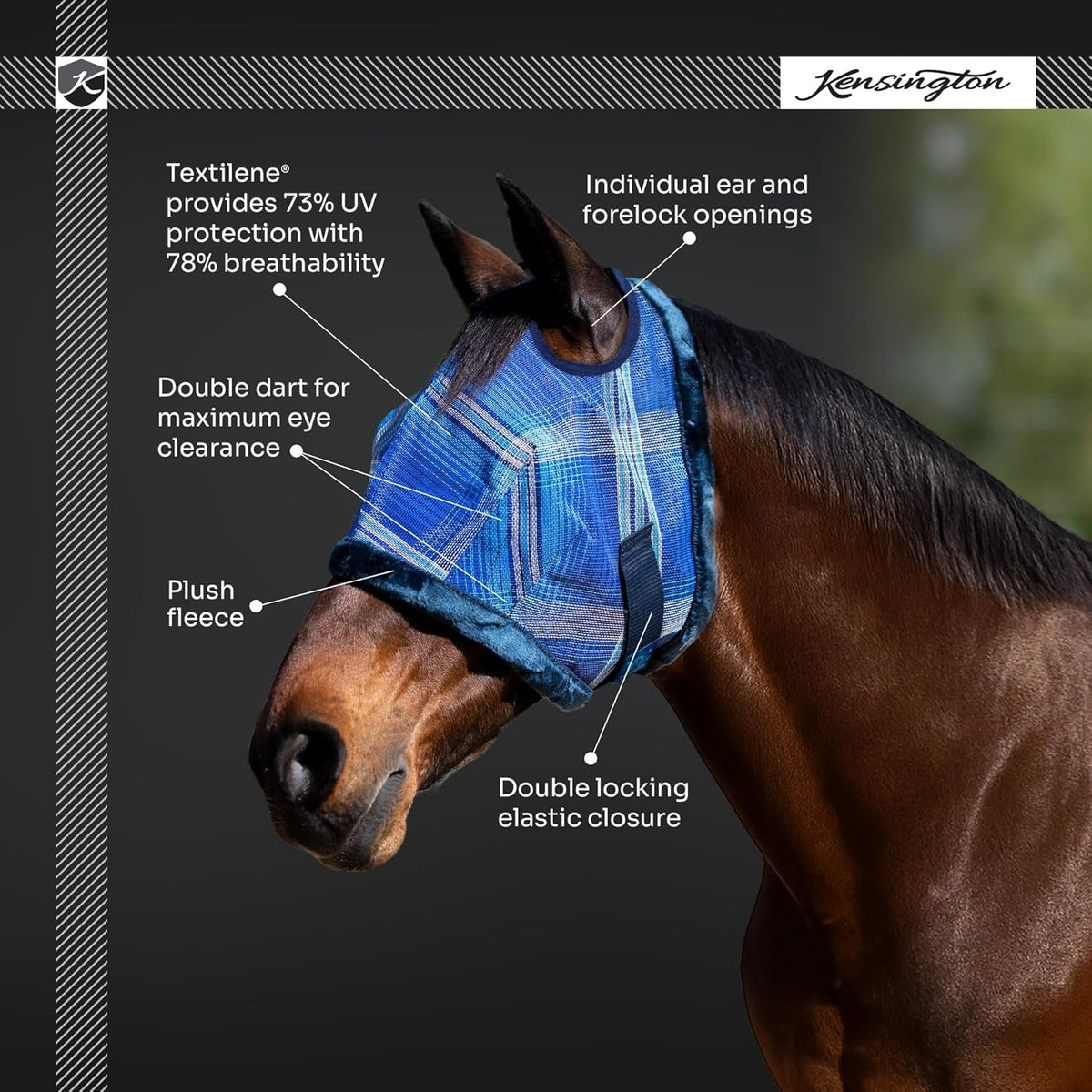 Kensington UV Fly Mask with Fleece Trim - Protective Mask with Dual Ear Opening & Forelock Freedom - Large, Deluxe Black