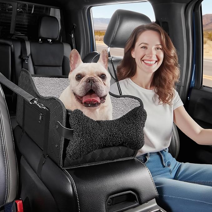 TKYZ Center Console Dog Car Seat for Small Dogs,Fit for Full Size Truck | Soft Pillow,Double Fixation,PU Leather Easy To Clean,Pet Booster with Safety Belt,Puppy Car Seat for Small Dogs 0-30 lbs