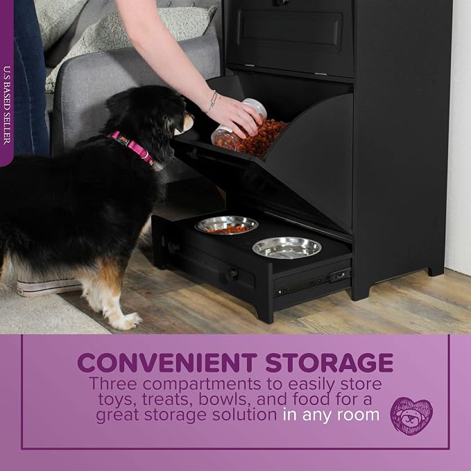 MiMu Raised Dog Bowl Stand with Food Storage Cabinet - Black Dog & Cat Feeder Station