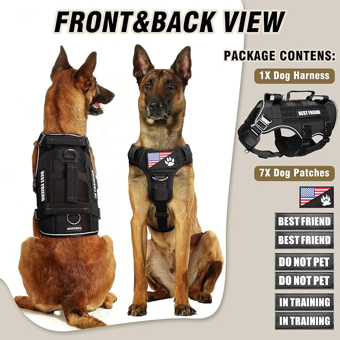Air Mesh Tactical Dog Harness with Metal Buckles&MOLLE,Black XL | Breathable Adjustable No Pull Service Dog Vest with 3 Padded Handles,Military Dog Harness for Training Hiking Hunting Working